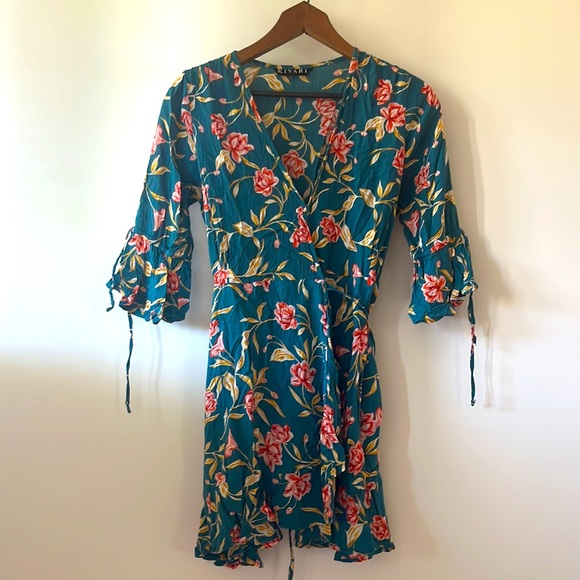 KIVARI Lucia Teal Floral Frill Wrap Mini Dress RRP$190 - Picture 11 of 16